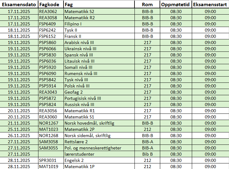Tabell som viser eksamensdatoer høsten 2025 - Klikk for stort bilde